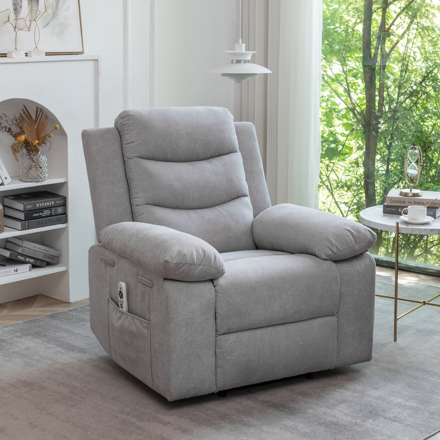 Living Room Single Reclining Sofa, Power Lift Velvet Recliner with Adjustable Massage and Heat & Side Pocket, Infinite Position