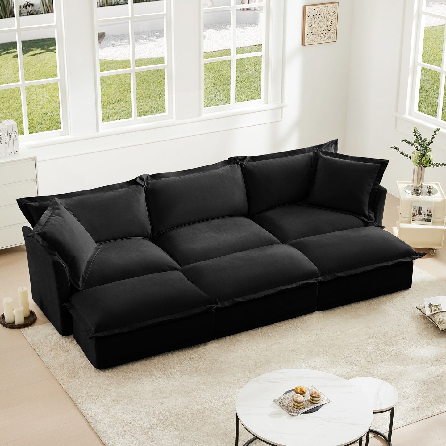 Living Room Sofa Slipcovered Sofa 3 Seater Sofa With 3 Ottomans, Oversized 3-Seat Sleeper Sofa Bed Home Theater Sofa, Chenille