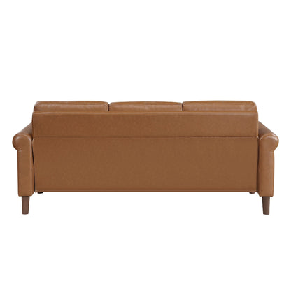 Lo Sofa w Rolled Arms, Mid Century Brown Faux Leather 79 Inch