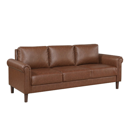 Lo Sofa w Rolled Arms, Mid Century Dark Brown Faux Leather 79 Inch