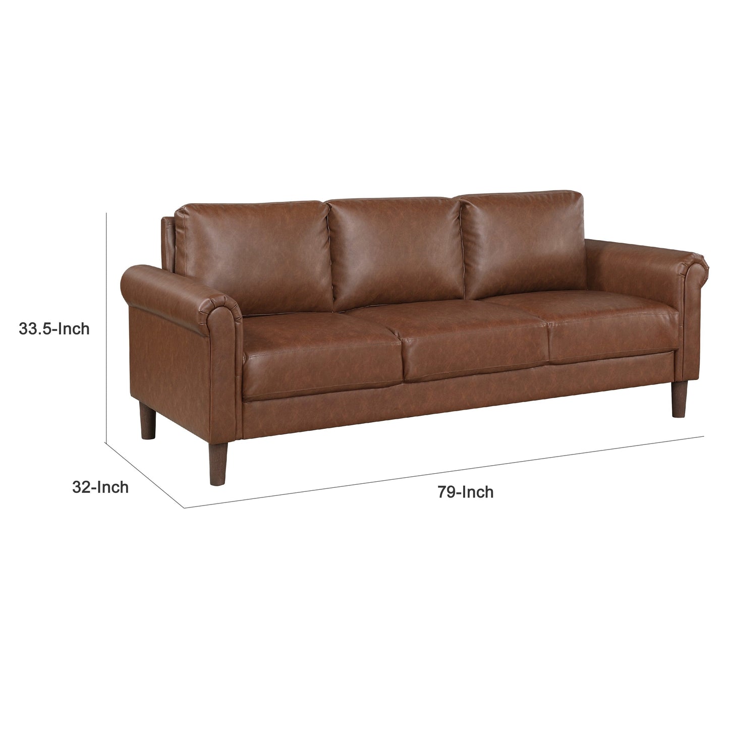 Lo Sofa w Rolled Arms, Mid Century Dark Brown Faux Leather 79 Inch
