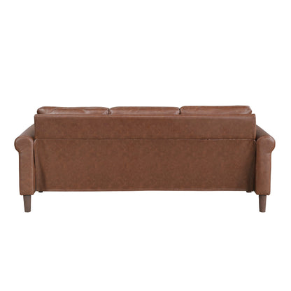 Lo Sofa w Rolled Arms, Mid Century Dark Brown Faux Leather 79 Inch