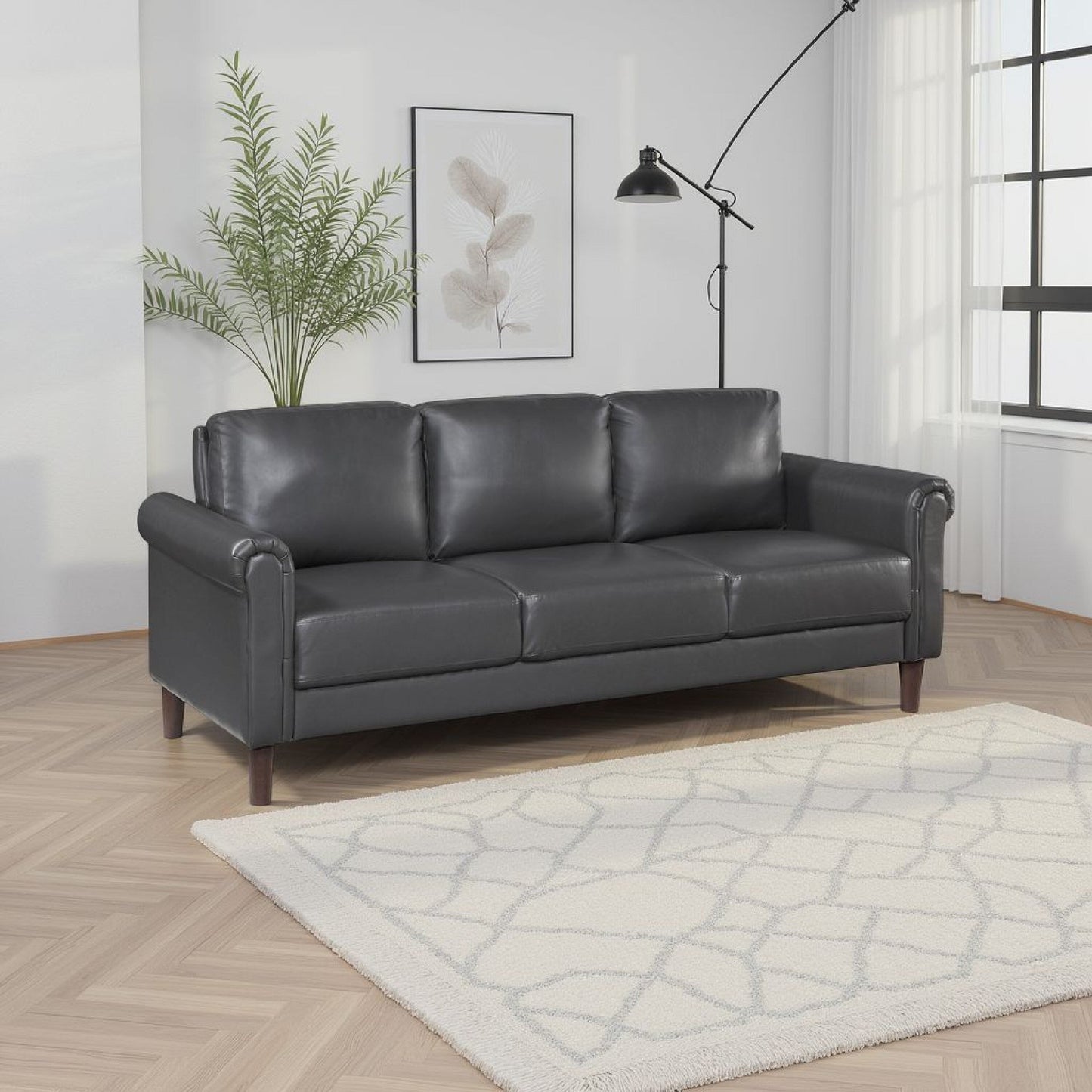 Lo Sofa w Rolled Arms, Midcentury Dark Gray Faux Leather 79 Inch
