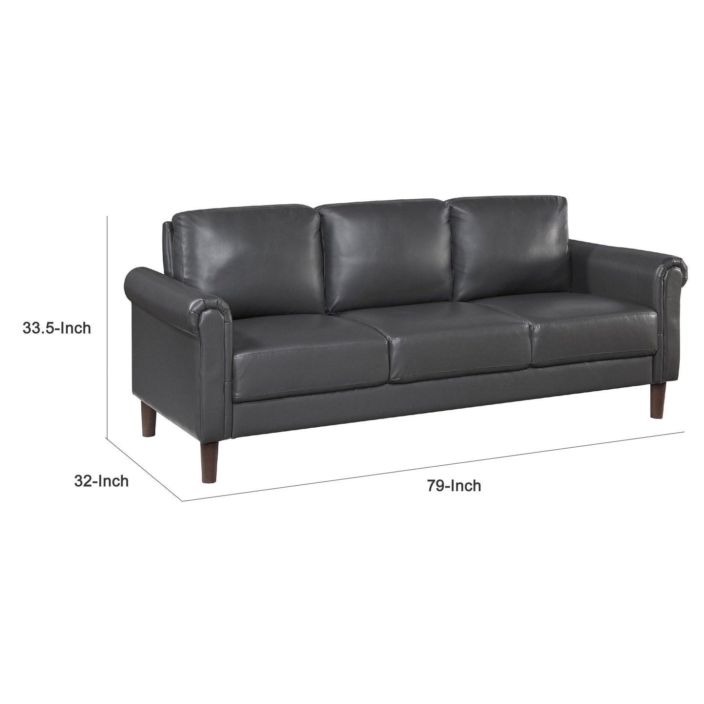 Lo Sofa w Rolled Arms, Midcentury Dark Gray Faux Leather 79 Inch