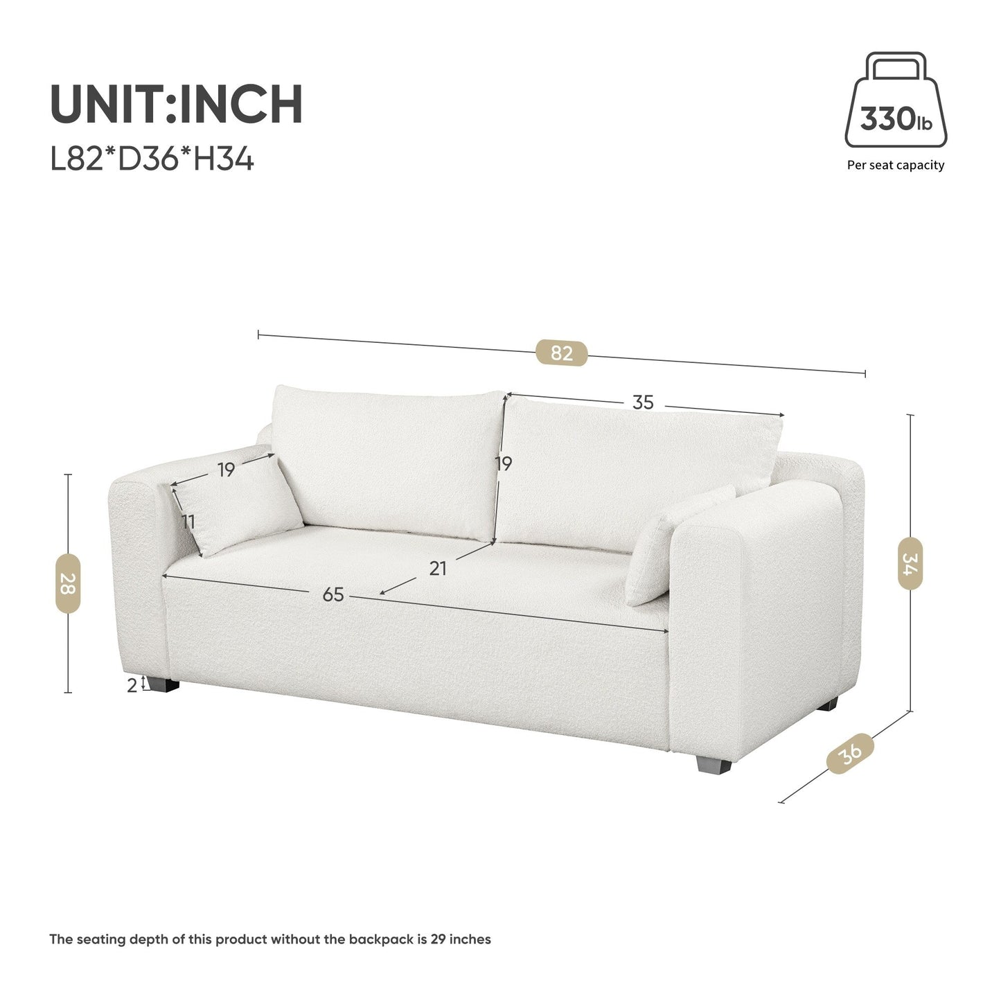 Loop Yarn Fabric Sofa, One-Piece Seat Frame, Minimalist 2-3 Seat Couch Easy To Install, Loveseats With Extra Wide Domed Arms