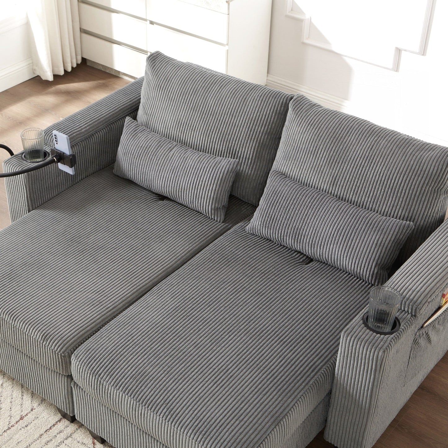 Loveseat Sofa Sofa Bed Corduroy Sleeper Sofa with USB Ports