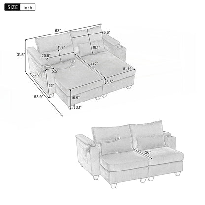 Loveseat Sofa Sofa Bed Corduroy Sleeper Sofa with USB Ports