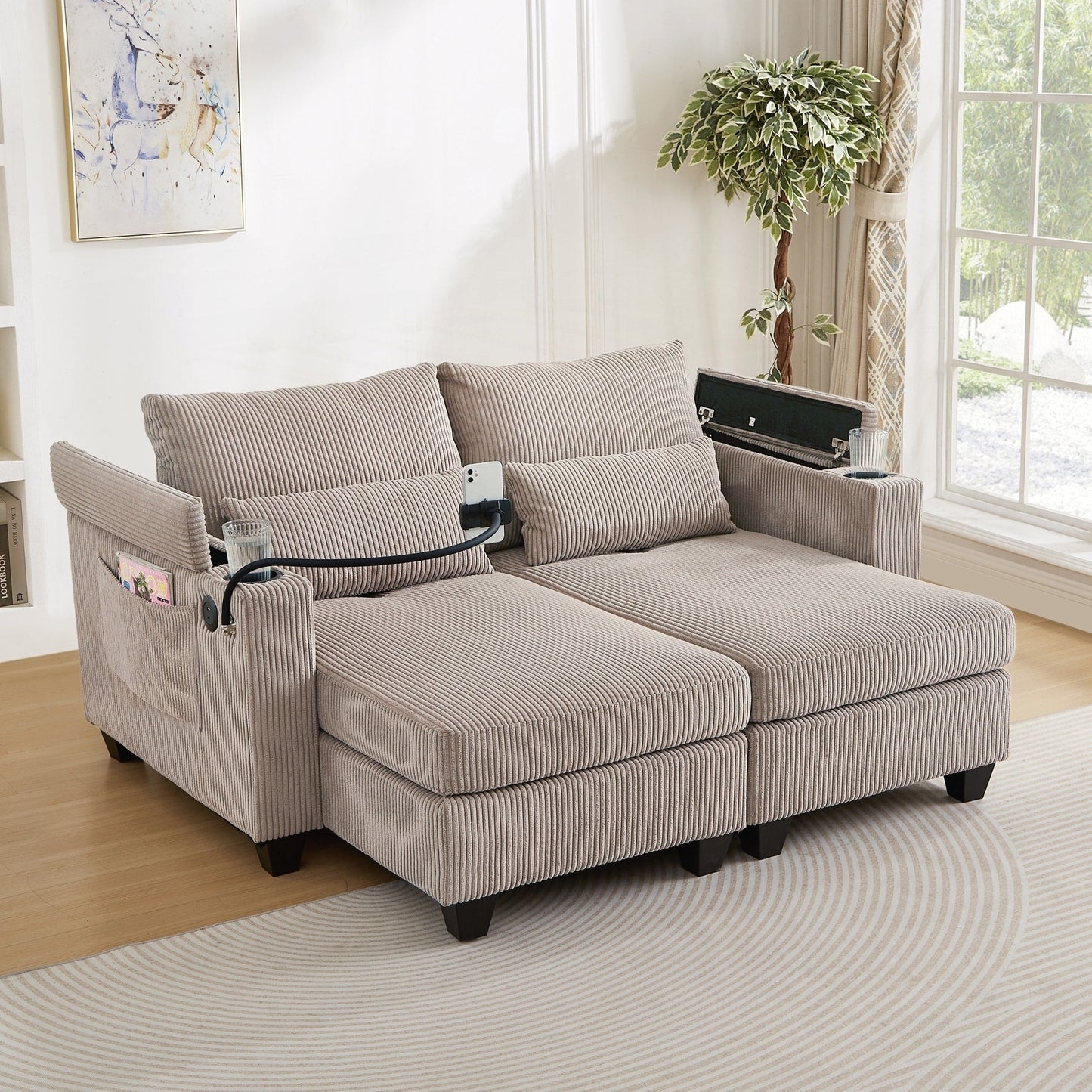 Loveseat Sofa Sofa Bed Corduroy Sleeper Sofa with USB Ports