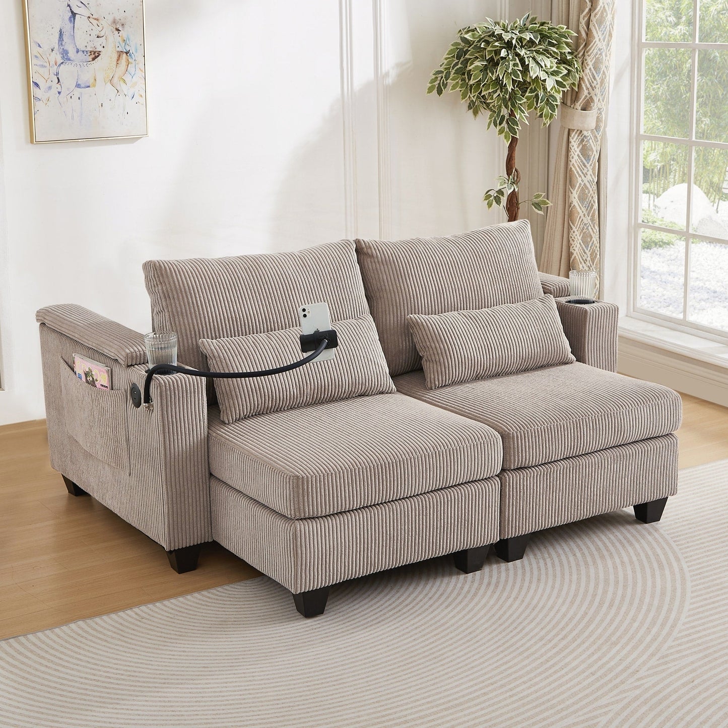 Loveseat Sofa Sofa Bed Corduroy Sleeper Sofa with USB Ports
