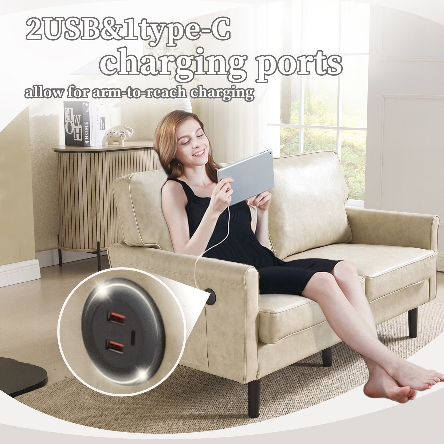 Loveseat Sofa, 2 Seater Sofa Couches for Living Room, Small Couch with USB & Removable Pillow Cover