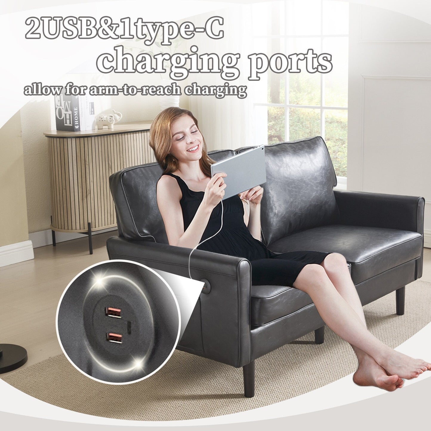 Loveseat Sofa, 2 Seater Sofa Couches for Living Room, Small Couch with USB & Removable Pillow Cover