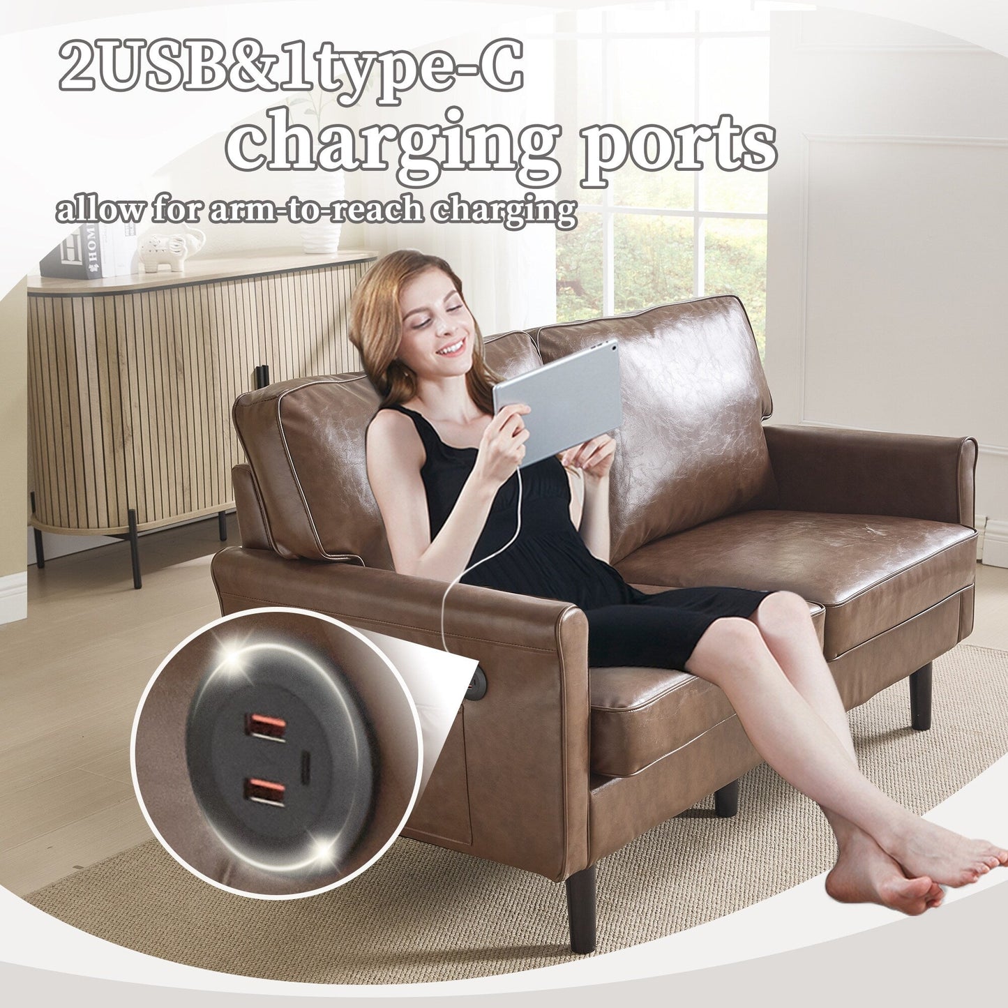 Loveseat Sofa, 2 Seater Sofa Couches for Living Room, Small Couch with USB & Removable Pillow Cover