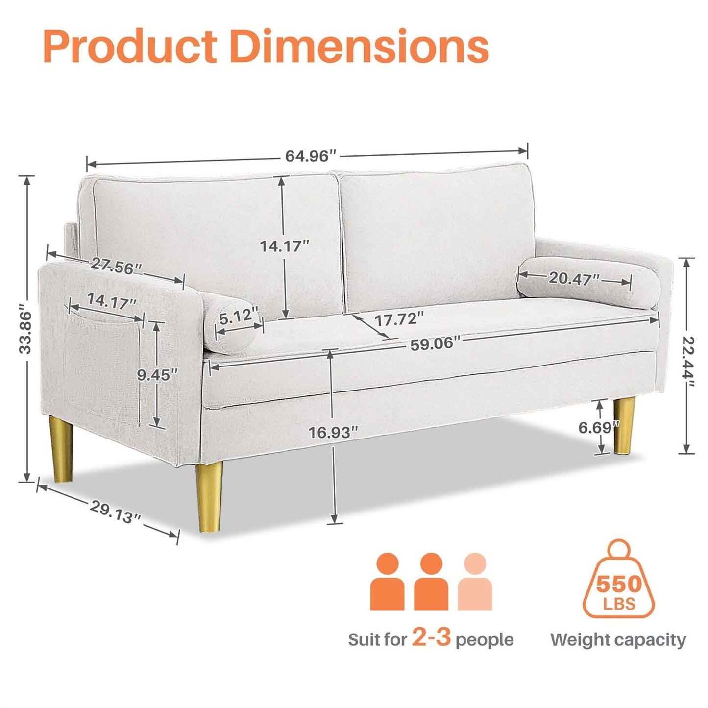 Loveseat Sofa, Fabric Couch Small Couch Love Seat Sofa with Side Pockets for Living Room, Bedroom, Office, Apartment,Small Space