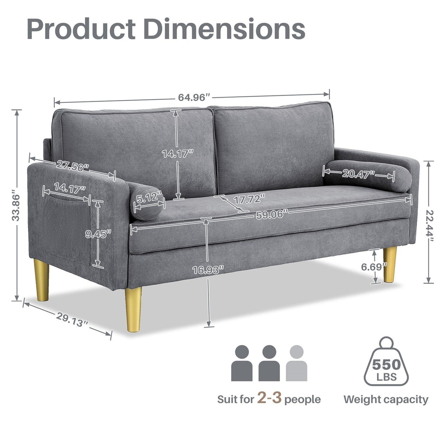Loveseat Sofa, Fabric Couch Small Couch Love Seat Sofa with Side Pockets for Living Room, Bedroom, Office, Apartment,Small Space