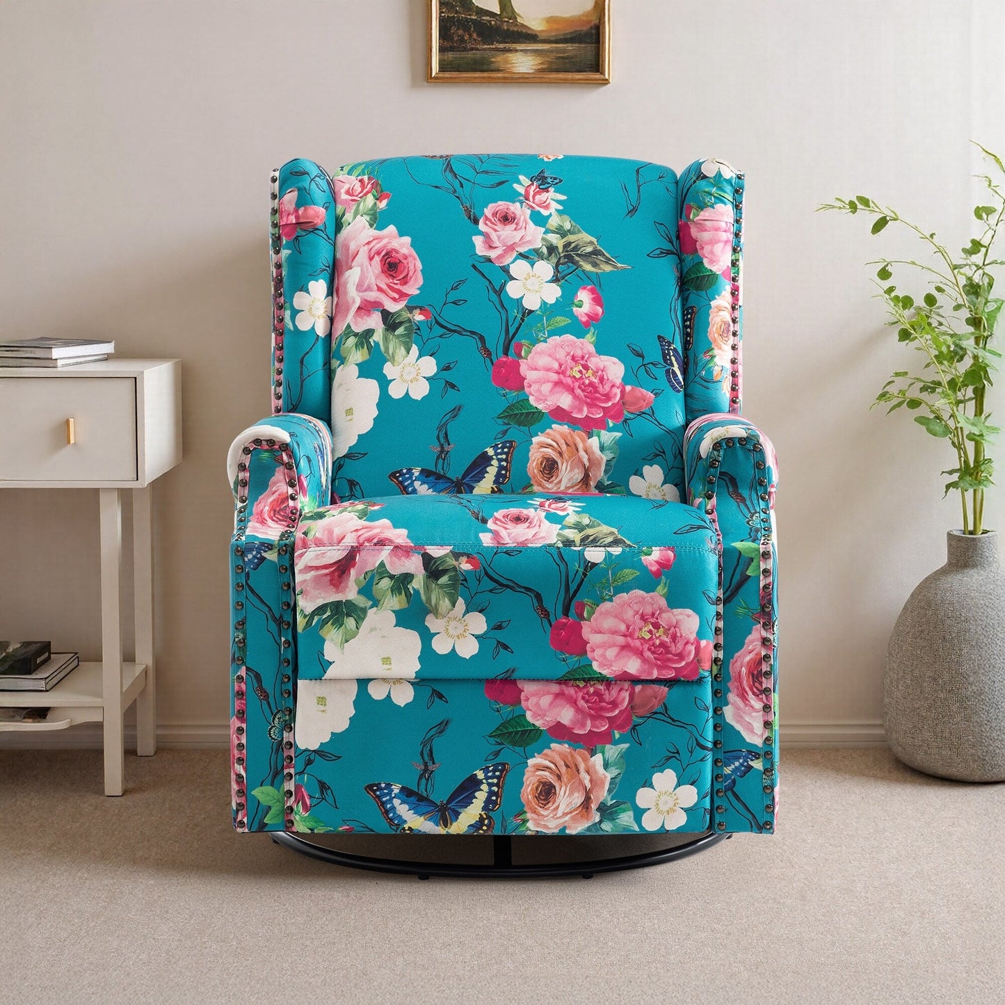 29'' W Pattern Floral Swivel Manual Push Back Recliner Glider Chair
