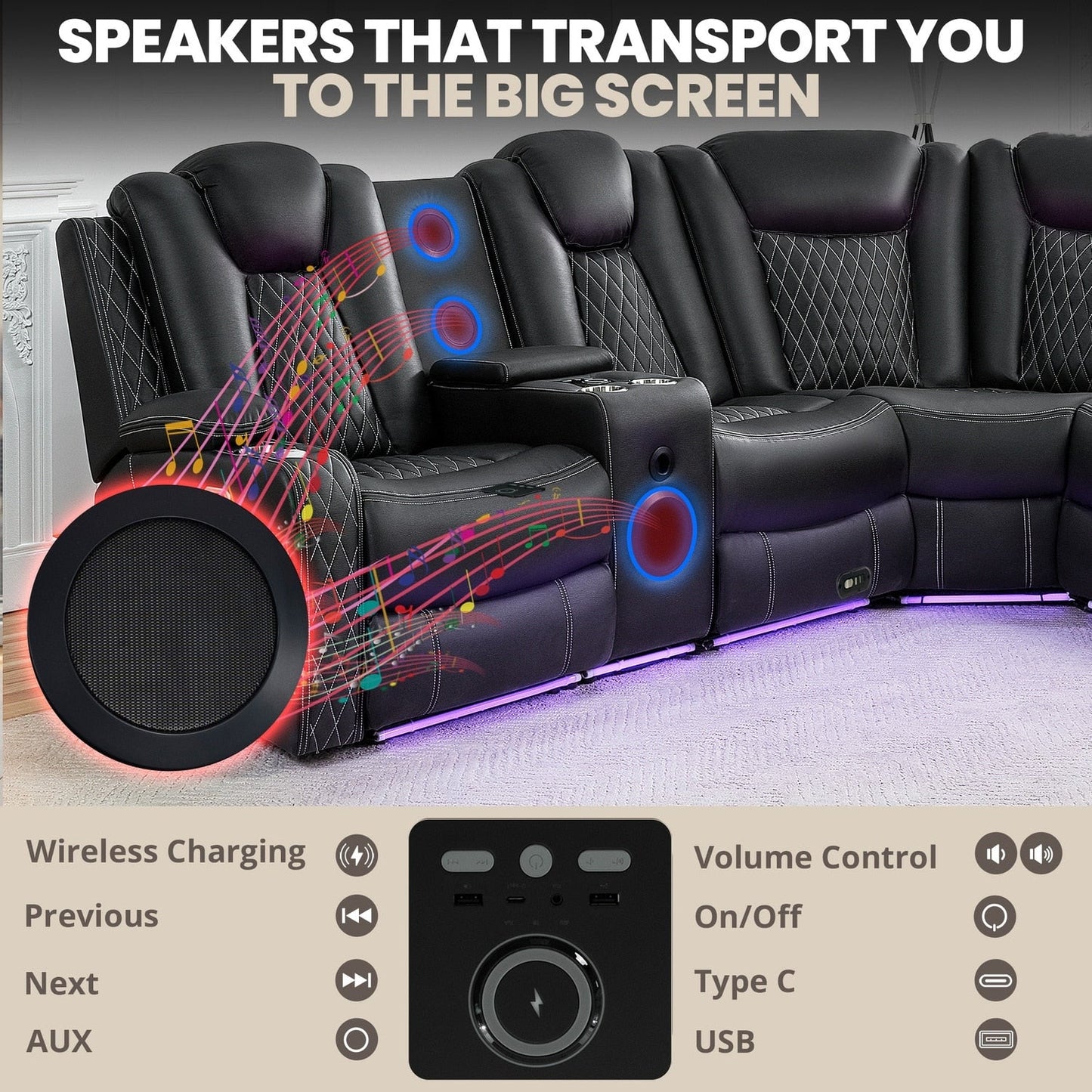 Luxury Reclining 5 & 6 Seater Corner Sofa w/ LED, USB, Wireless Charging, Bluetooth & Storage
