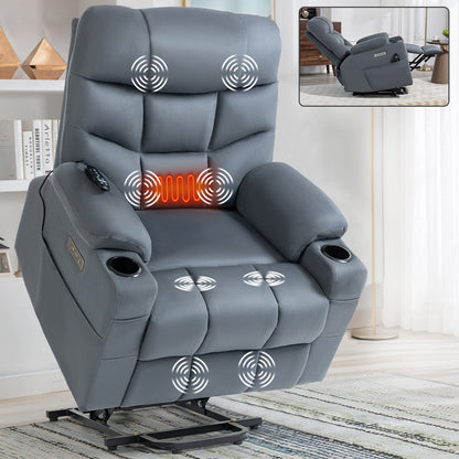 Lving Room Fabric Power Lift Recliner Chair for Elderly, Heavy Duty Motion Mechanism w/Massage and Lumbar Heating, Cup Holders