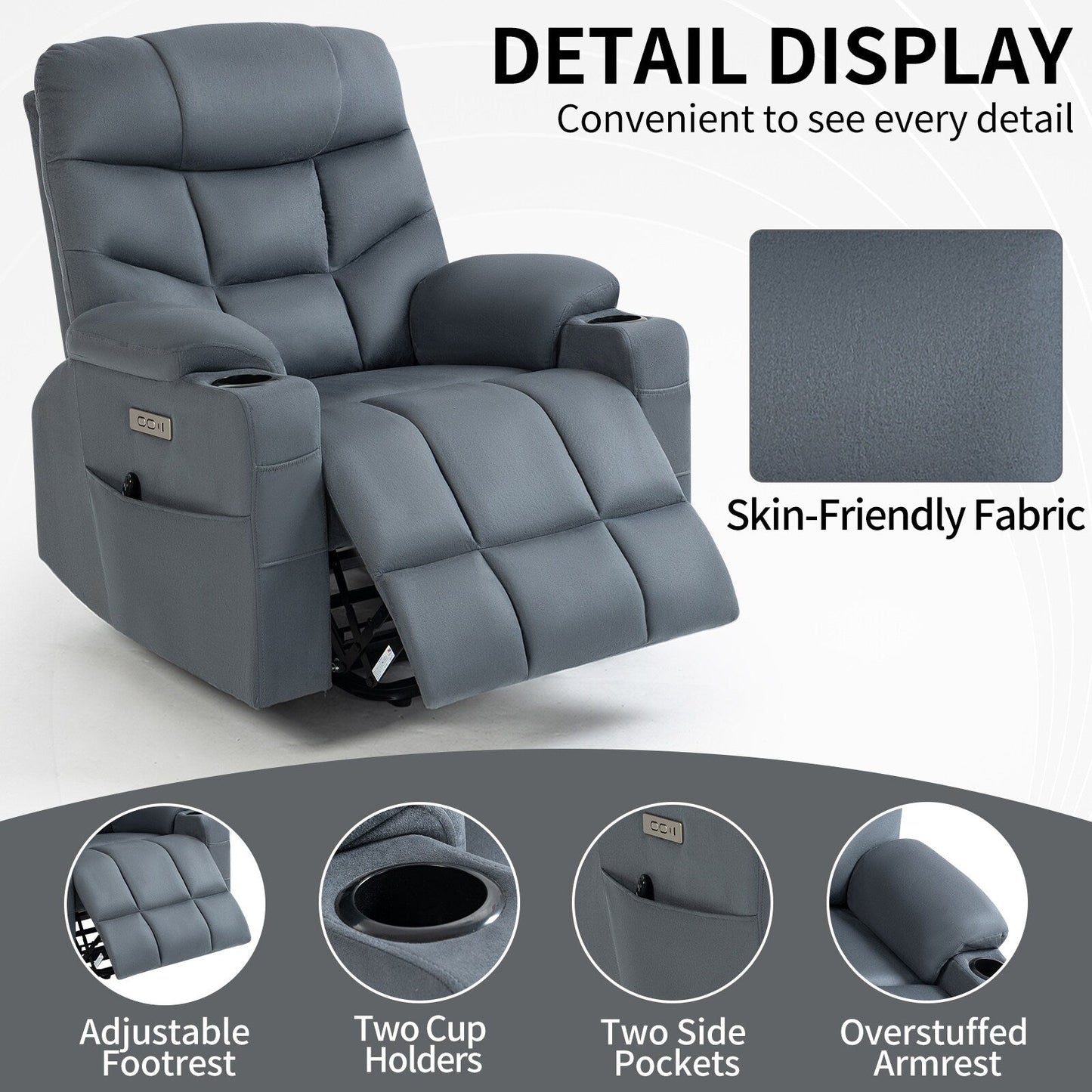 Lving Room Fabric Power Lift Recliner Chair for Elderly, Heavy Duty Motion Mechanism w/Massage and Lumbar Heating, Cup Holders