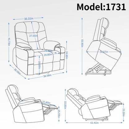 Lving Room Fabric Power Lift Recliner Chair for Elderly, Heavy Duty Motion Mechanism w/Massage and Lumbar Heating, Cup Holders
