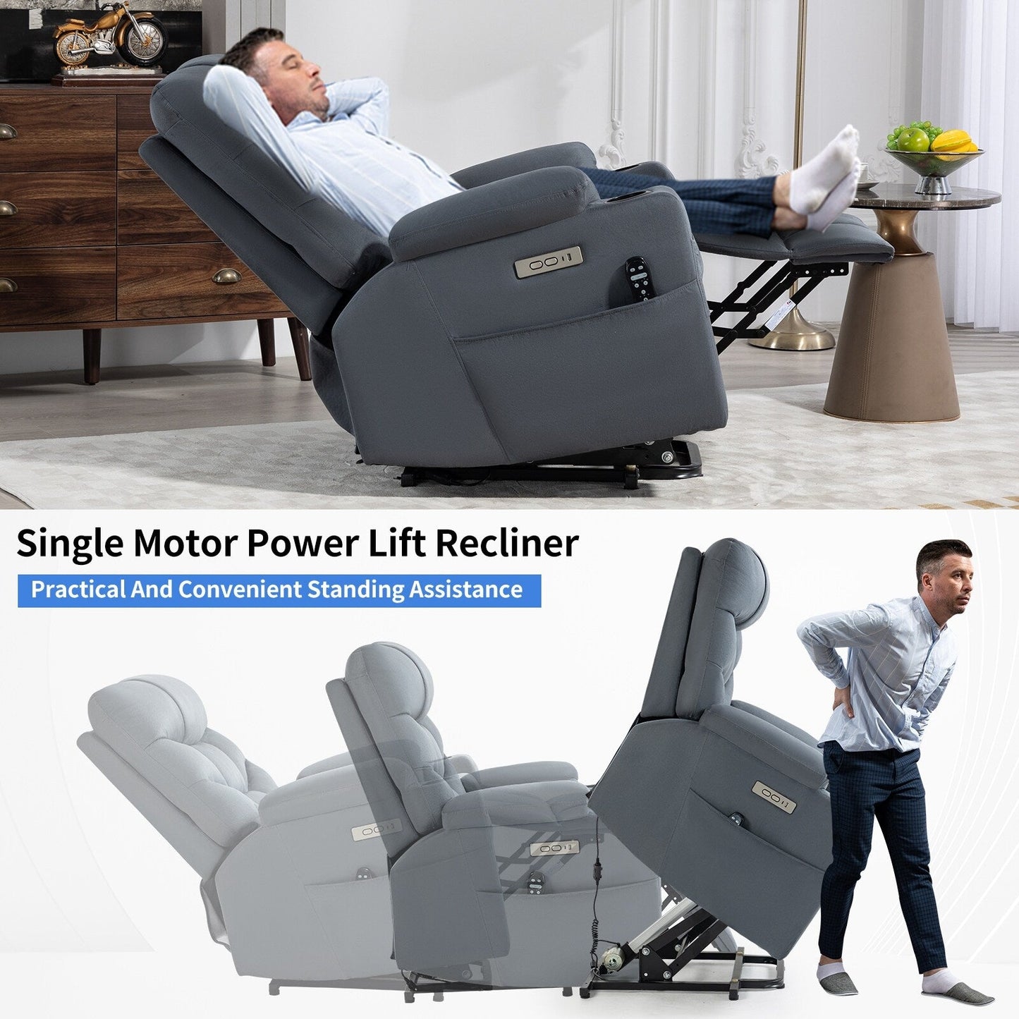 Lving Room Fabric Power Lift Recliner Chair for Elderly, Heavy Duty Motion Mechanism w/Massage and Lumbar Heating, Cup Holders