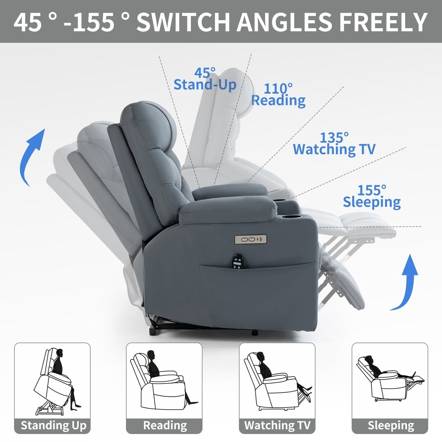 Lving Room Fabric Power Lift Recliner Chair for Elderly, Heavy Duty Motion Mechanism w/Massage and Lumbar Heating, Cup Holders