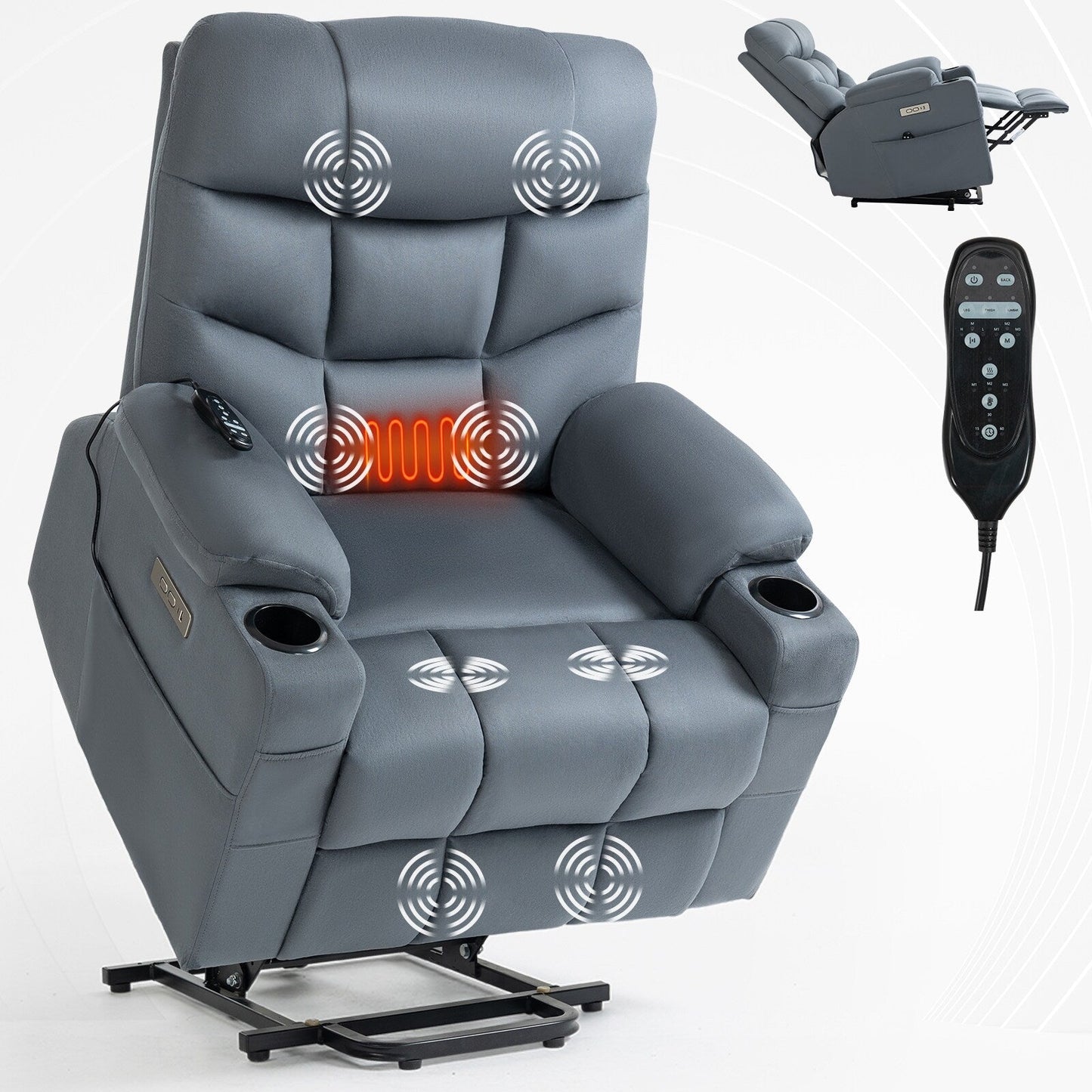 Lving Room Fabric Power Lift Recliner Chair for Elderly, Heavy Duty Motion Mechanism w/Massage and Lumbar Heating, Cup Holders