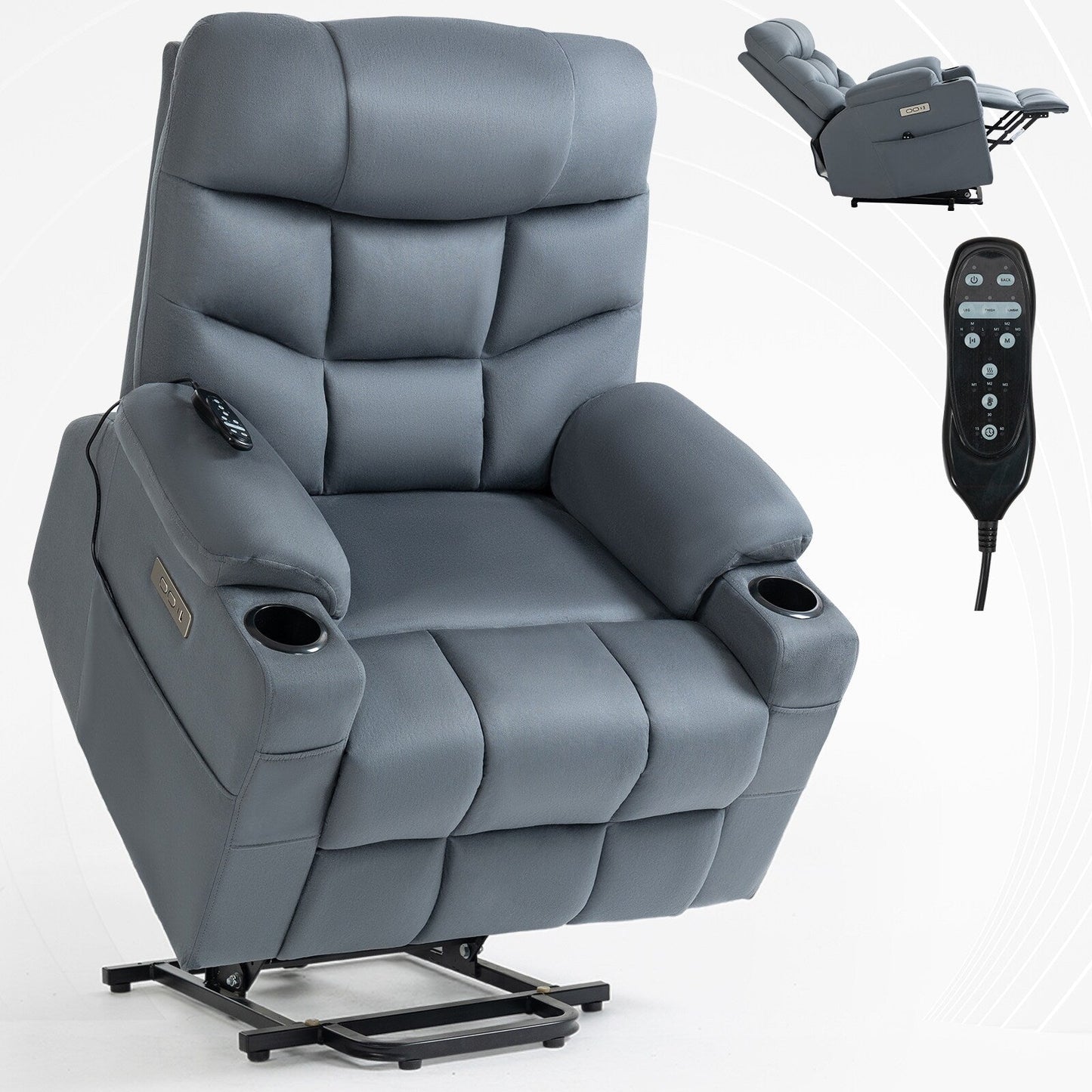 Lving Room Fabric Power Lift Recliner Chair for Elderly, Heavy Duty Motion Mechanism w/Massage and Lumbar Heating, Cup Holders