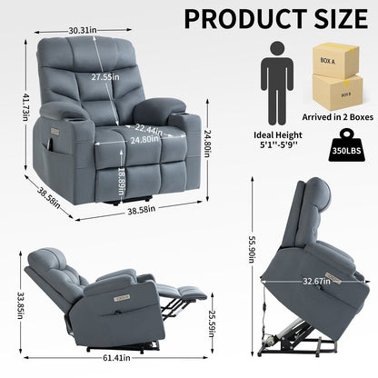 Lving Room Fabric Power Lift Recliner Chair for Elderly, Heavy Duty Motion Mechanism w/Massage and Lumbar Heating, Cup Holders