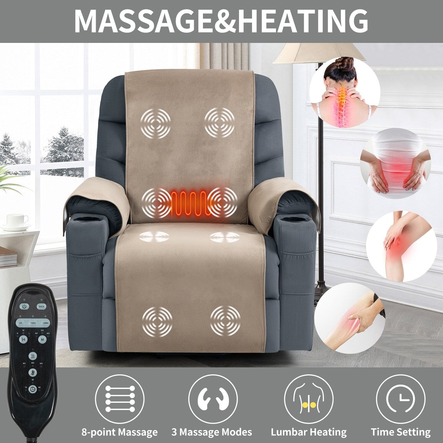 Lving Room Fabric Power Lift Recliner Chair for Elderly, Heavy Duty Motion Mechanism w/Massage and Lumbar Heating, Cup Holders