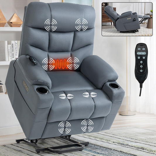 Lving Room Fabric Power Lift Recliner Chair for Elderly, Heavy Duty Motion Mechanism w/Massage and Lumbar Heating, Cup Holders