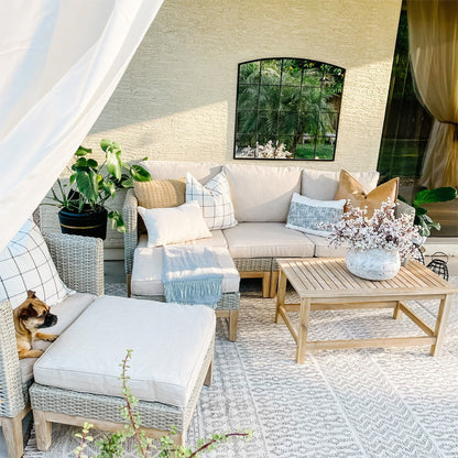 MAISON ARTS 5-Piece Outdoor Rattan & Acacia Wood Sectional Sofa Set, Patio Wicker Conversation Set with Coffee Table