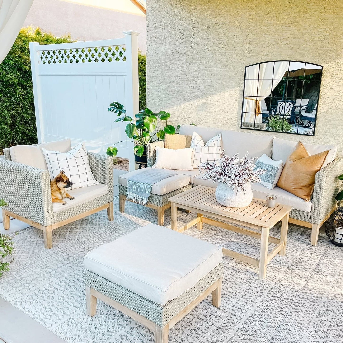 MAISON ARTS 5-Piece Outdoor Rattan & Acacia Wood Sectional Sofa Set, Patio Wicker Conversation Set with Coffee Table