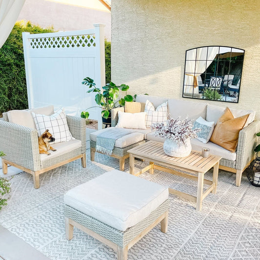MAISON ARTS 5-Piece Outdoor Rattan & Acacia Wood Sectional Sofa Set, Patio Wicker Conversation Set with Coffee Table