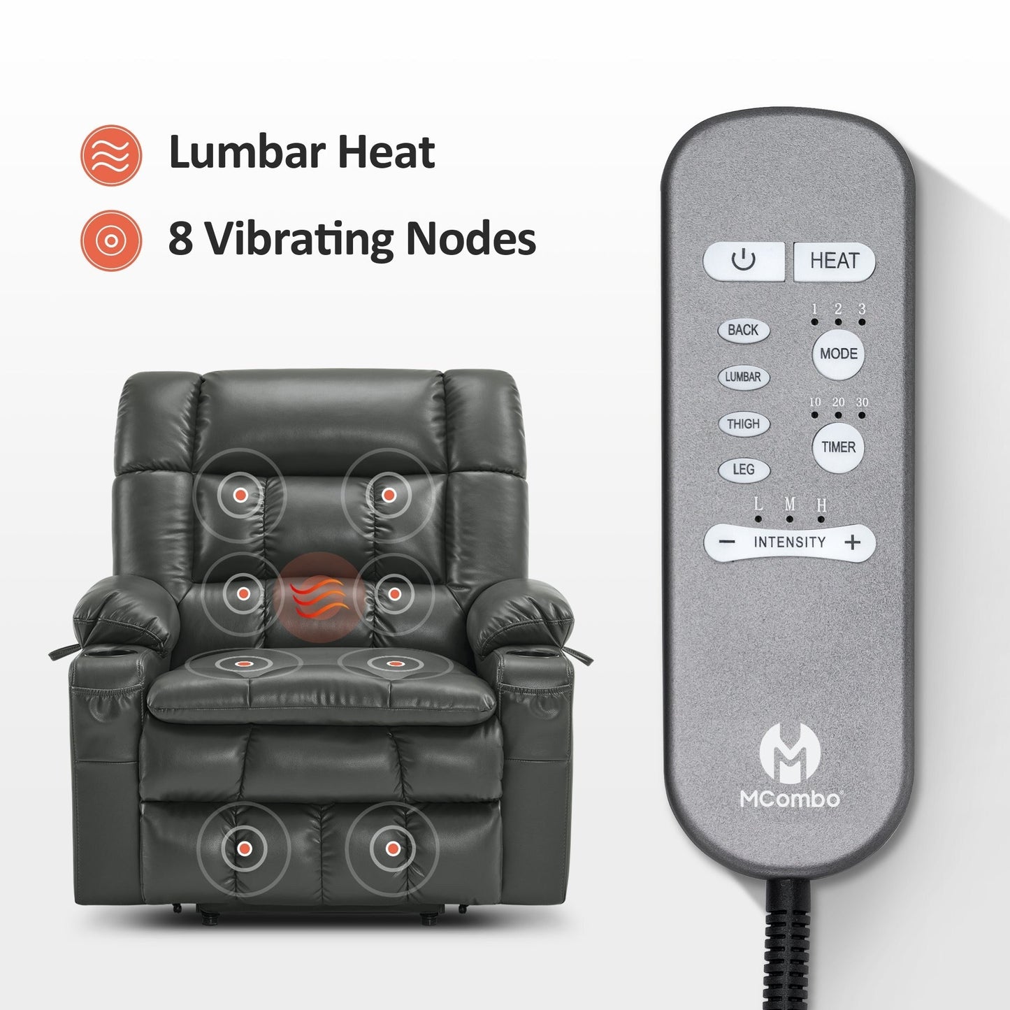 MCombo Dual Motor Power Lift Recliner Chair sofa with Massage and Heat, Infinite Position, Faux Leather R7897 (Medium-Wide)