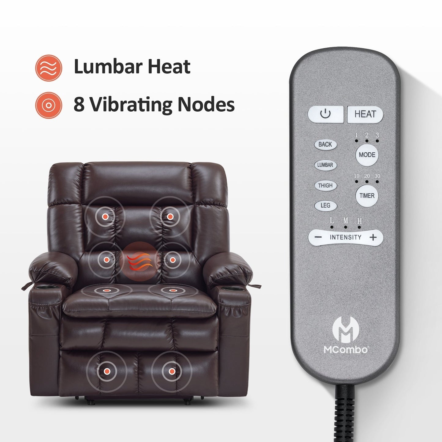MCombo Dual Motor Power Lift Recliner Chair sofa with Massage and Heat, Infinite Position, Faux Leather R7897 (Medium-Wide)