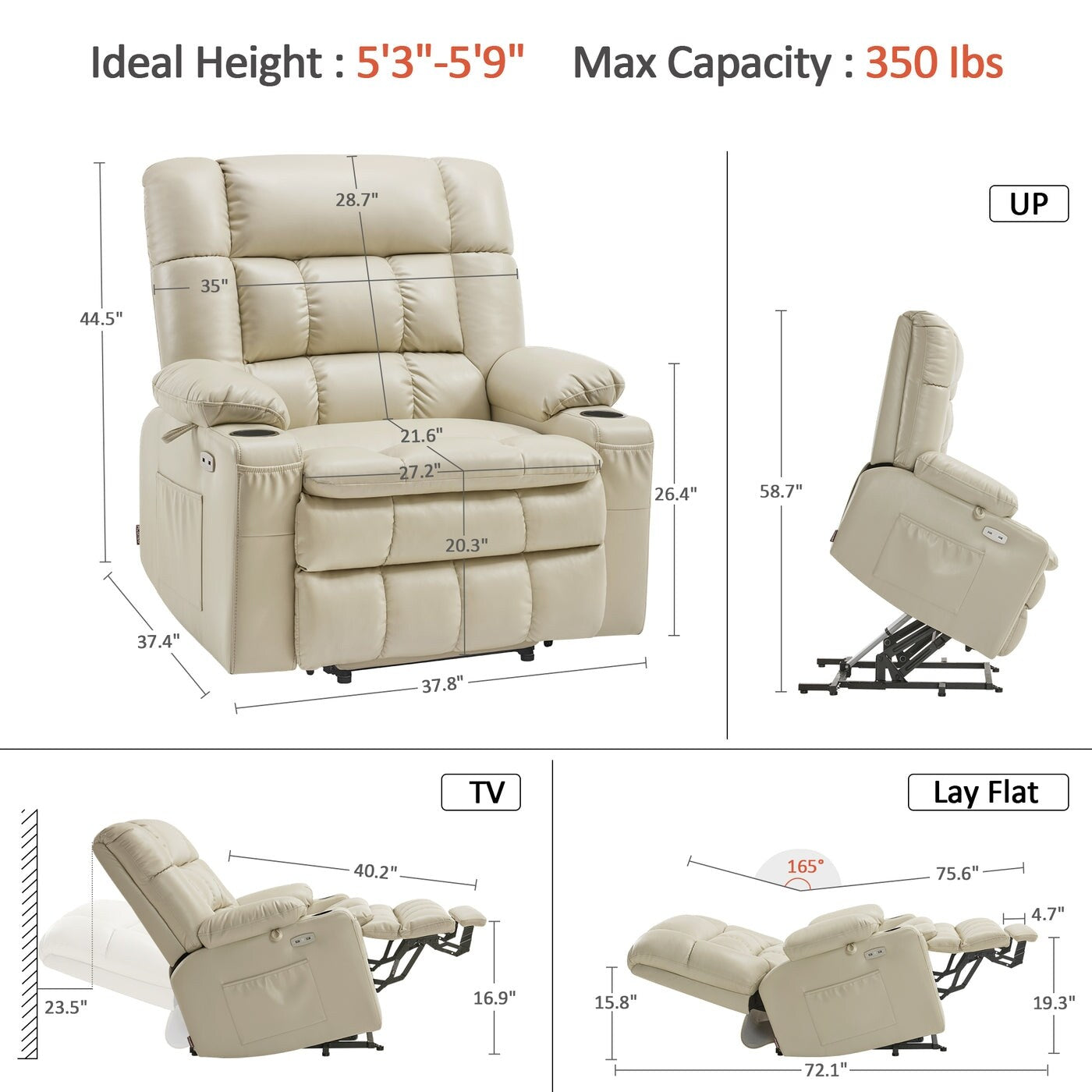 MCombo Dual Motor Power Lift Recliner Chair sofa with Massage and Heat, Infinite Position, Faux Leather R7897 (Medium-Wide)