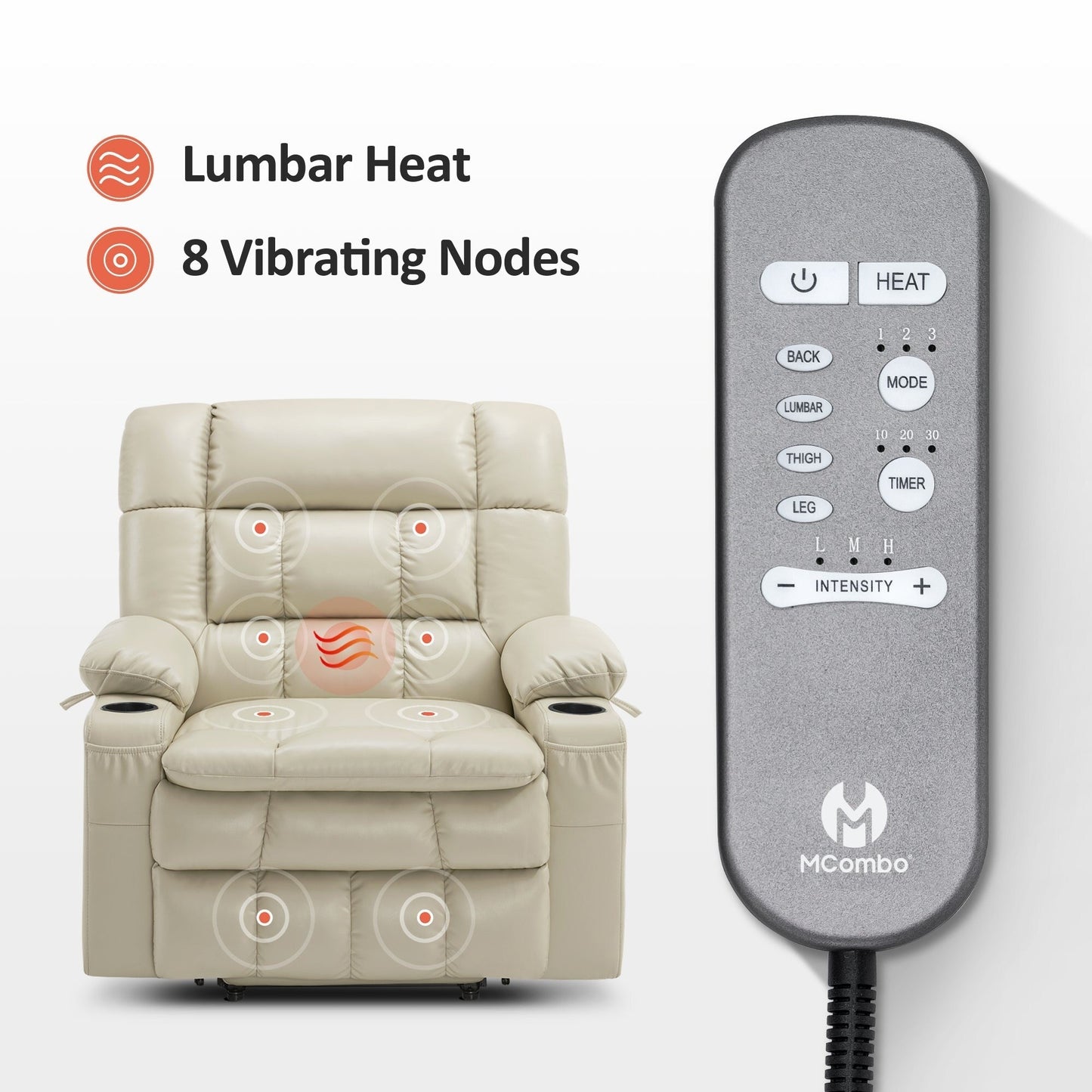 MCombo Dual Motor Power Lift Recliner Chair sofa with Massage and Heat, Infinite Position, Faux Leather R7897 (Medium-Wide)
