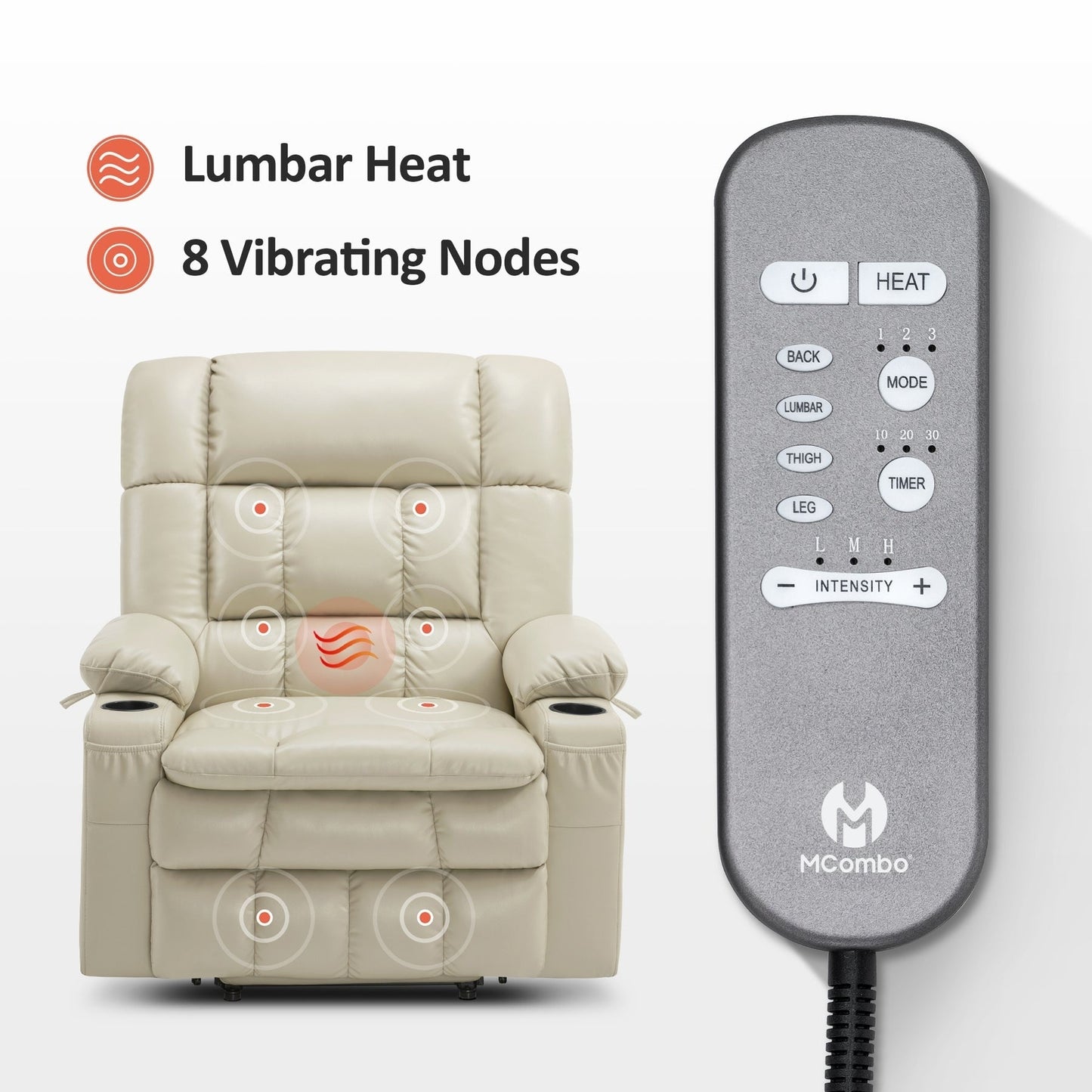 MCombo Dual Motor Power Lift Recliner Chair with Massage and Heat for Big People, Faux Leather R7891 (Large-Wide)