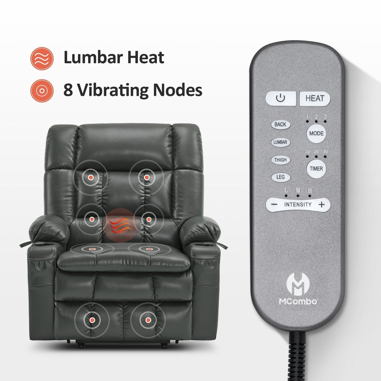 MCombo Dual Motor Power Lift Recliner Chair with Massage and Heat for Big People, Faux Leather R7891 (Large-Wide)