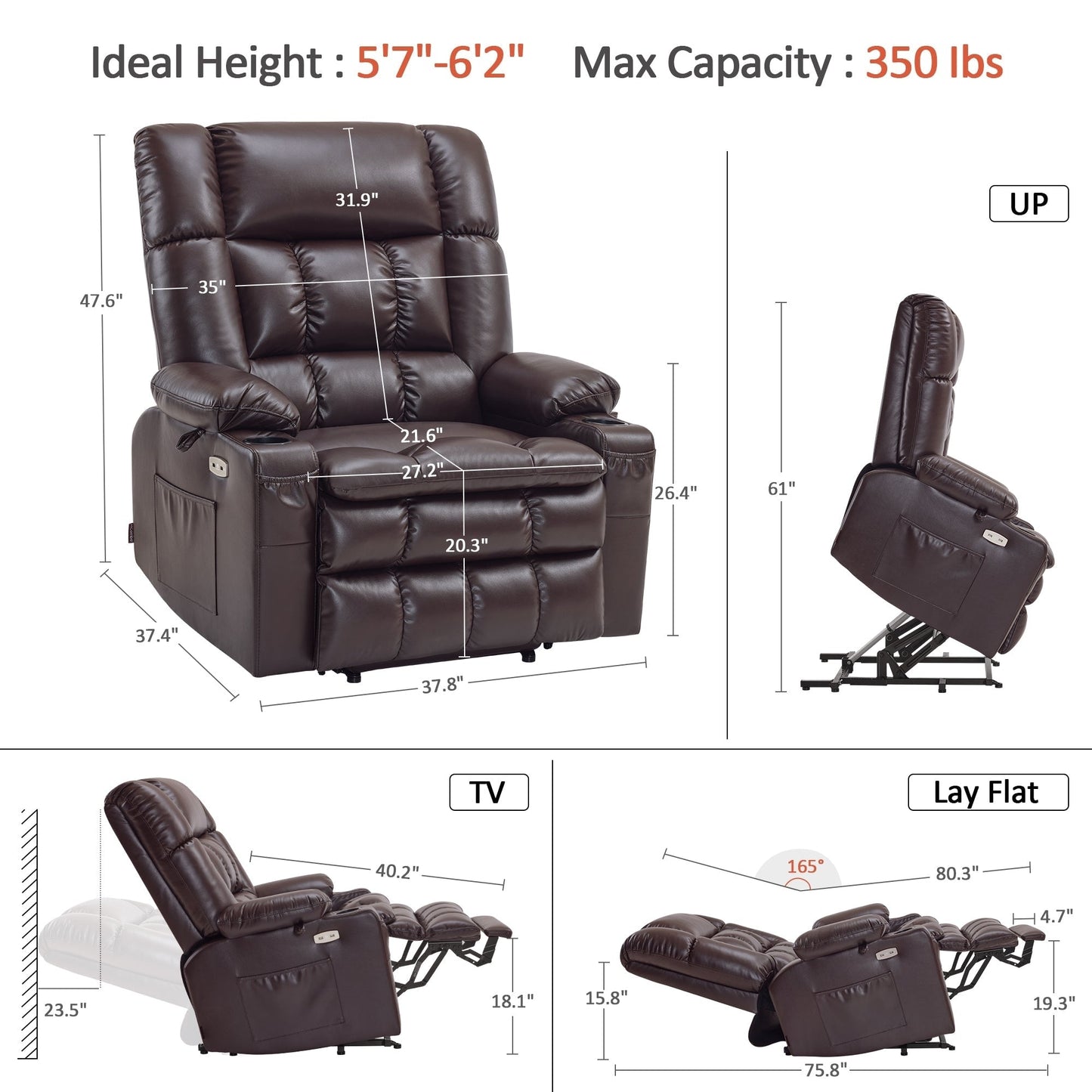 MCombo Dual Motor Power Lift Recliner Chair with Massage and Heat for Big People, Faux Leather R7891 (Large-Wide)