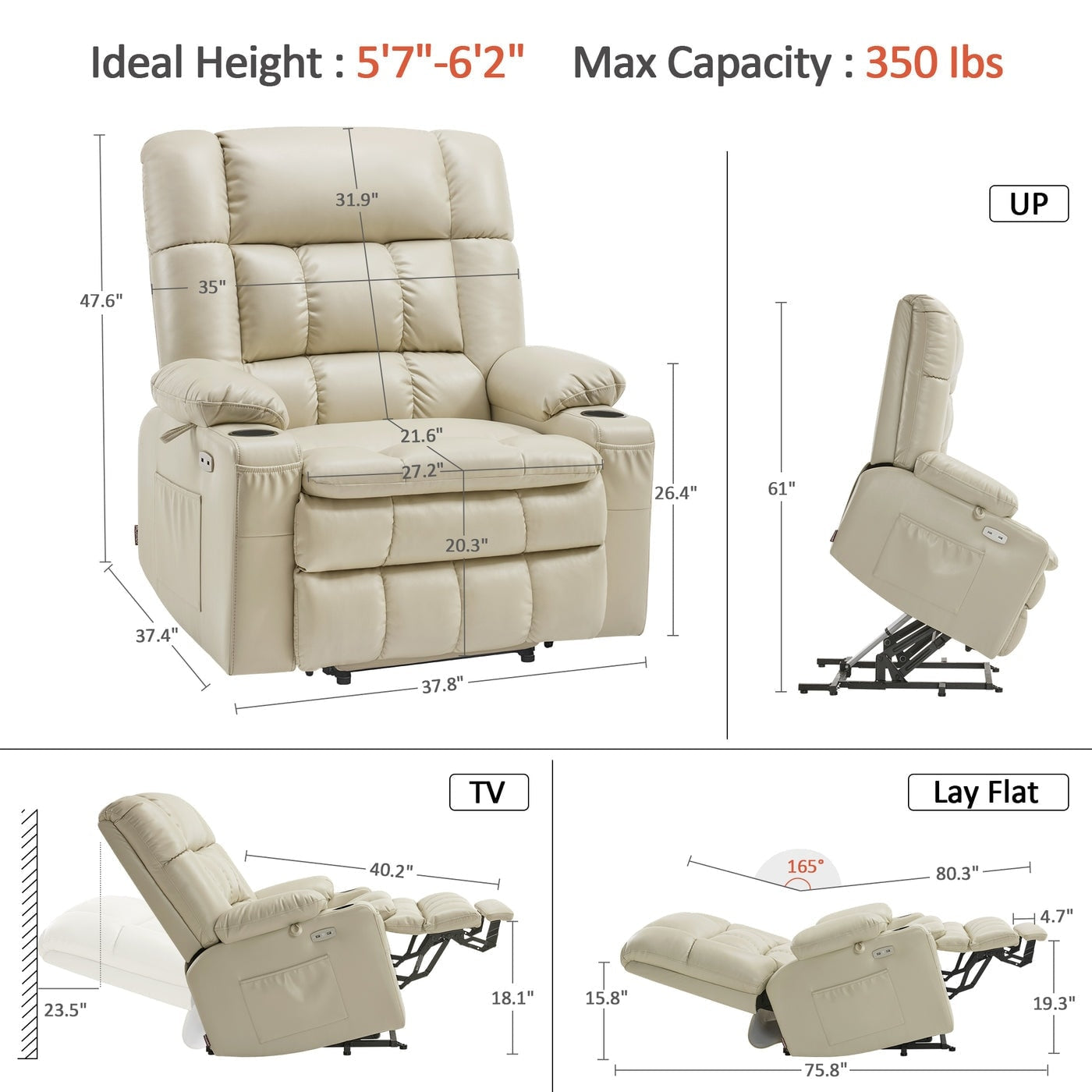 MCombo Dual Motor Power Lift Recliner Chair with Massage and Heat for Big People, Faux Leather R7891 (Large-Wide)