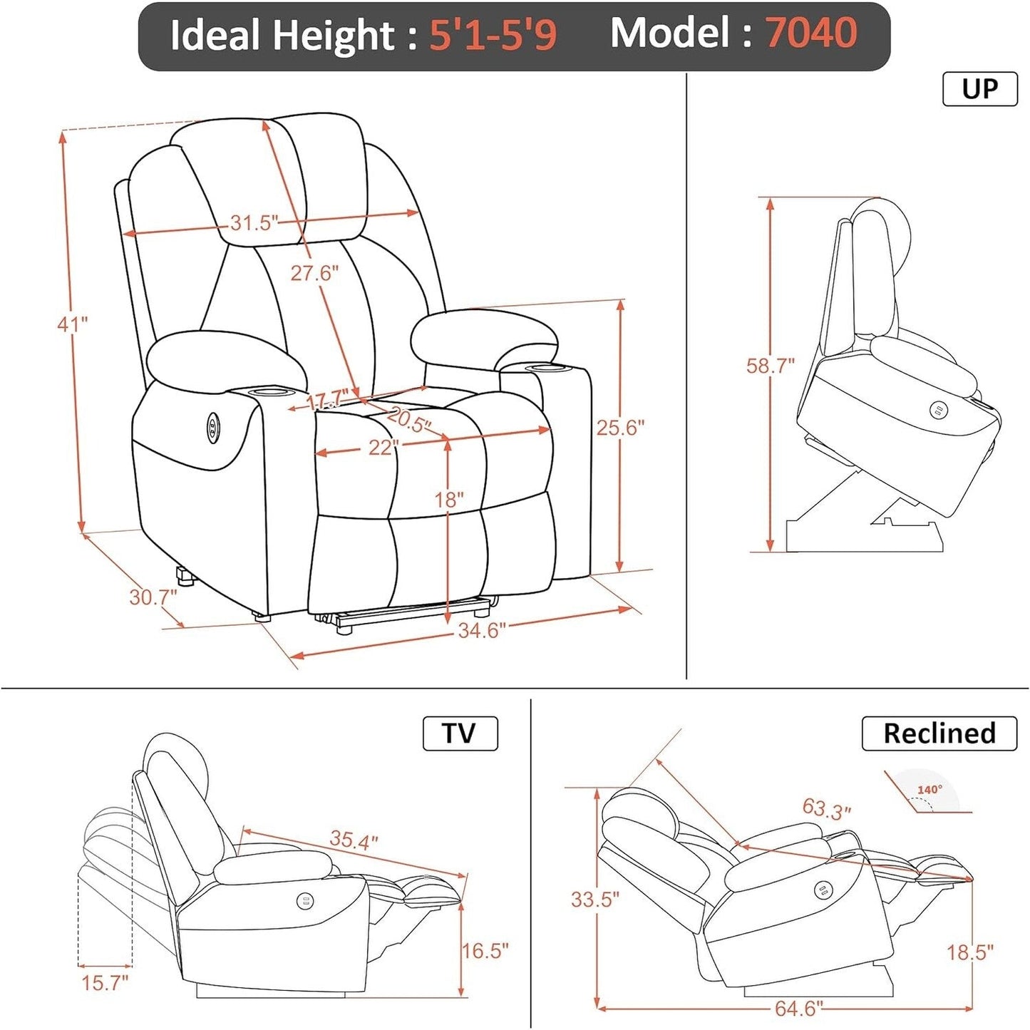 MCombo Electric Power Lift Recliner Chair Sofa with Massage and Heat, 3 Positions, USB Ports, Fabric 7040
