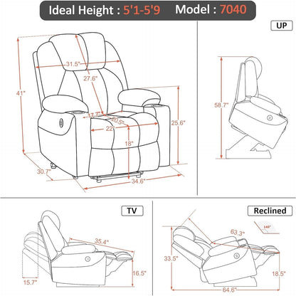 MCombo Electric Power Lift Recliner Chair Sofa with Massage and Heat, 3 Positions, USB Ports, Fabric 7040