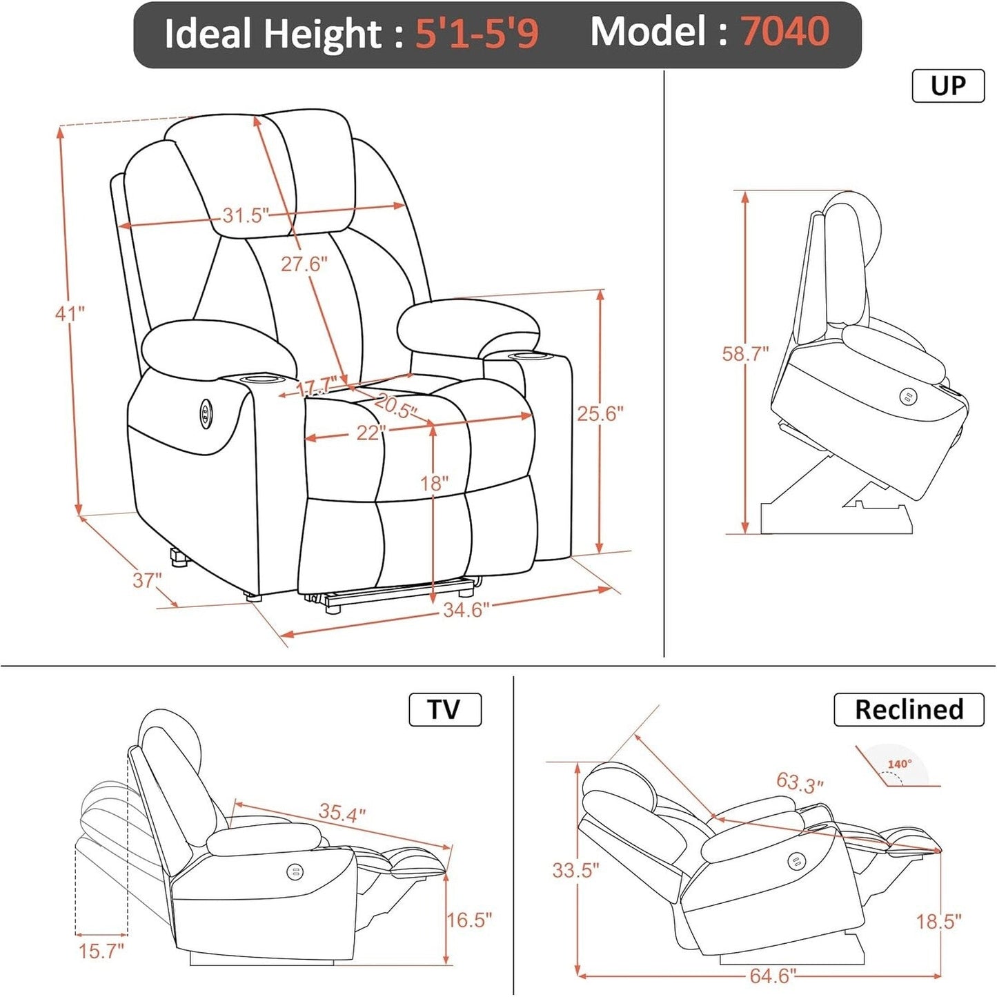 MCombo Electric Power Lift Recliner Chair Sofa with Massage and Heat, 3 Positions, USB Ports, Fabric 7040