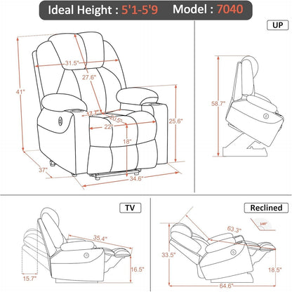 MCombo Electric Power Lift Recliner Chair Sofa with Massage and Heat, 3 Positions, USB Ports, Fabric 7040