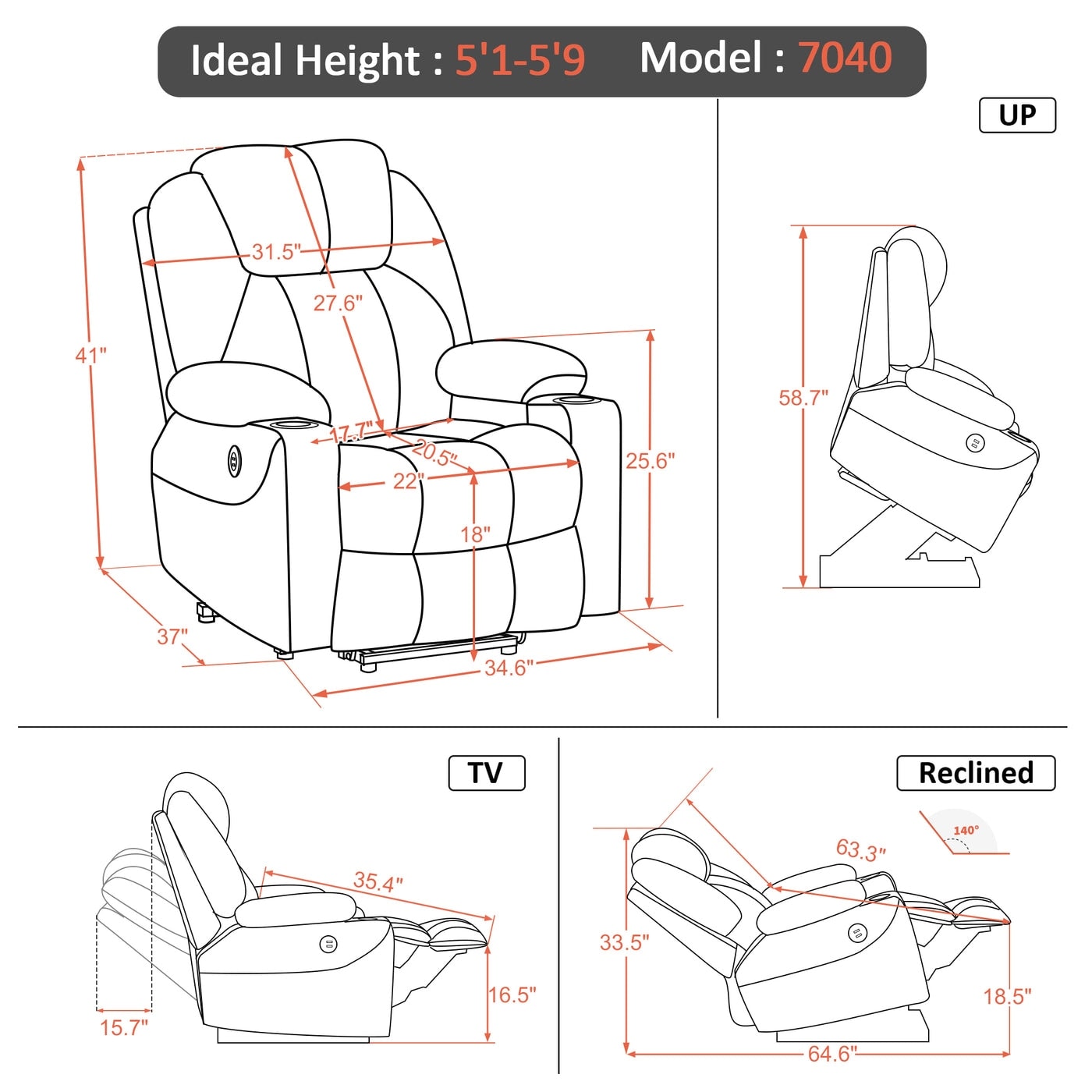 MCombo Electric Power Lift Recliner Chair Sofa with Massage and Heat, 3 Positions, USB Ports, Faux Leather 7040