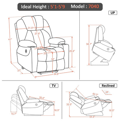 MCombo Electric Power Lift Recliner Chair Sofa with Massage and Heat, 3 Positions, USB Ports, Faux Leather 7040