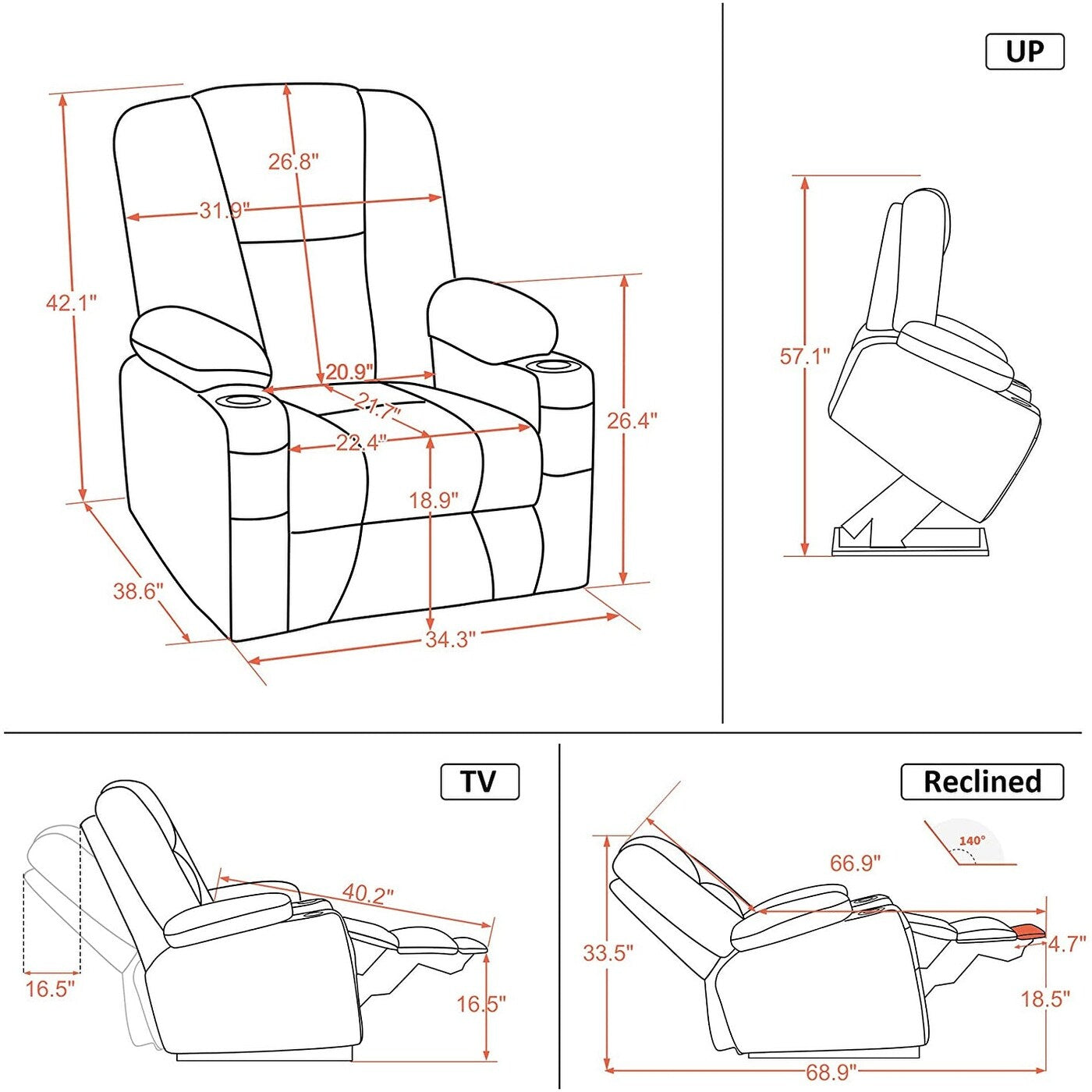 MCombo Electric Power Lift Recliner Chair with Extended Footrest, Cup Holders, Faux Leather 7507