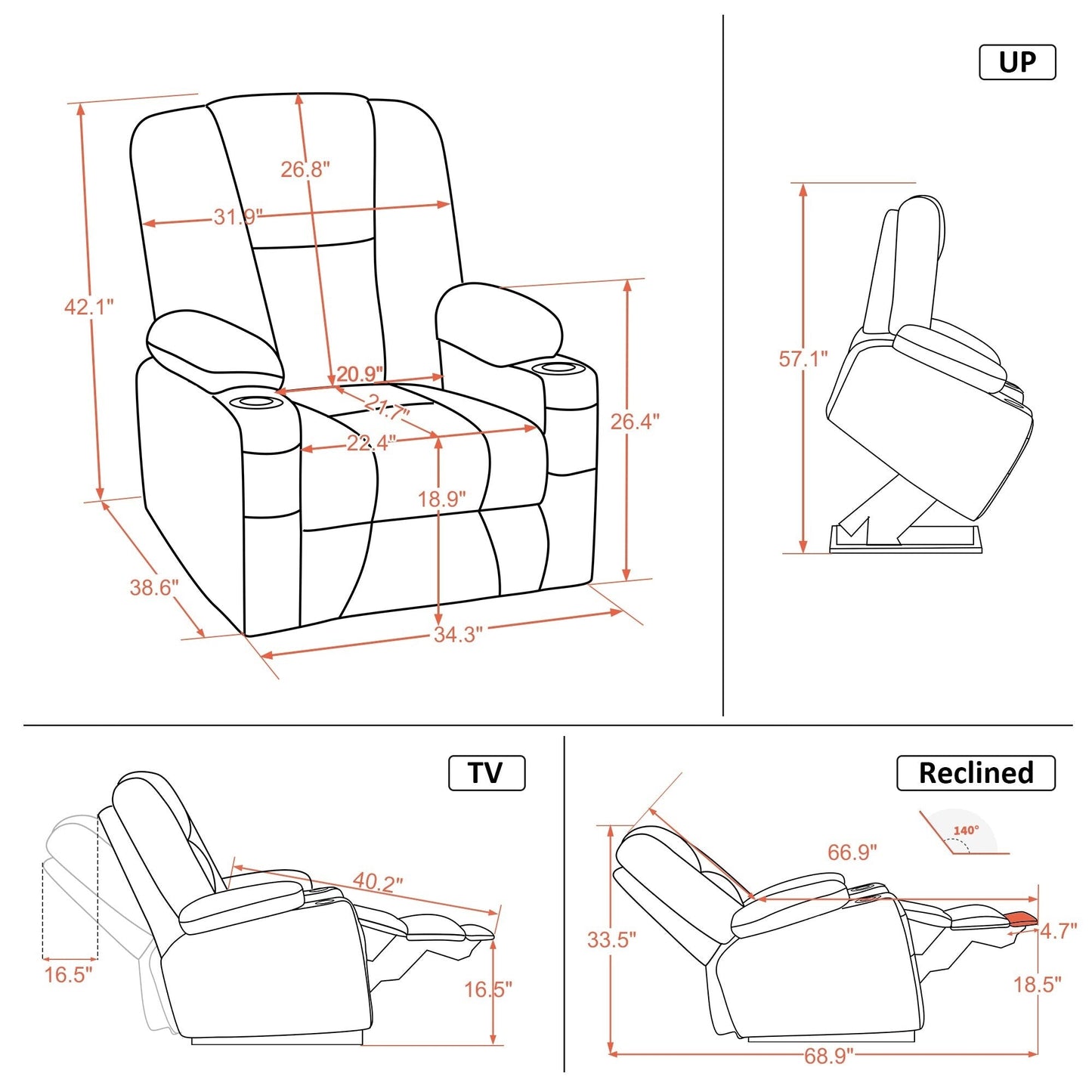 MCombo Electric Power Lift Recliner Chair with Extended Footrest, Cup Holders, Faux Leather 7507