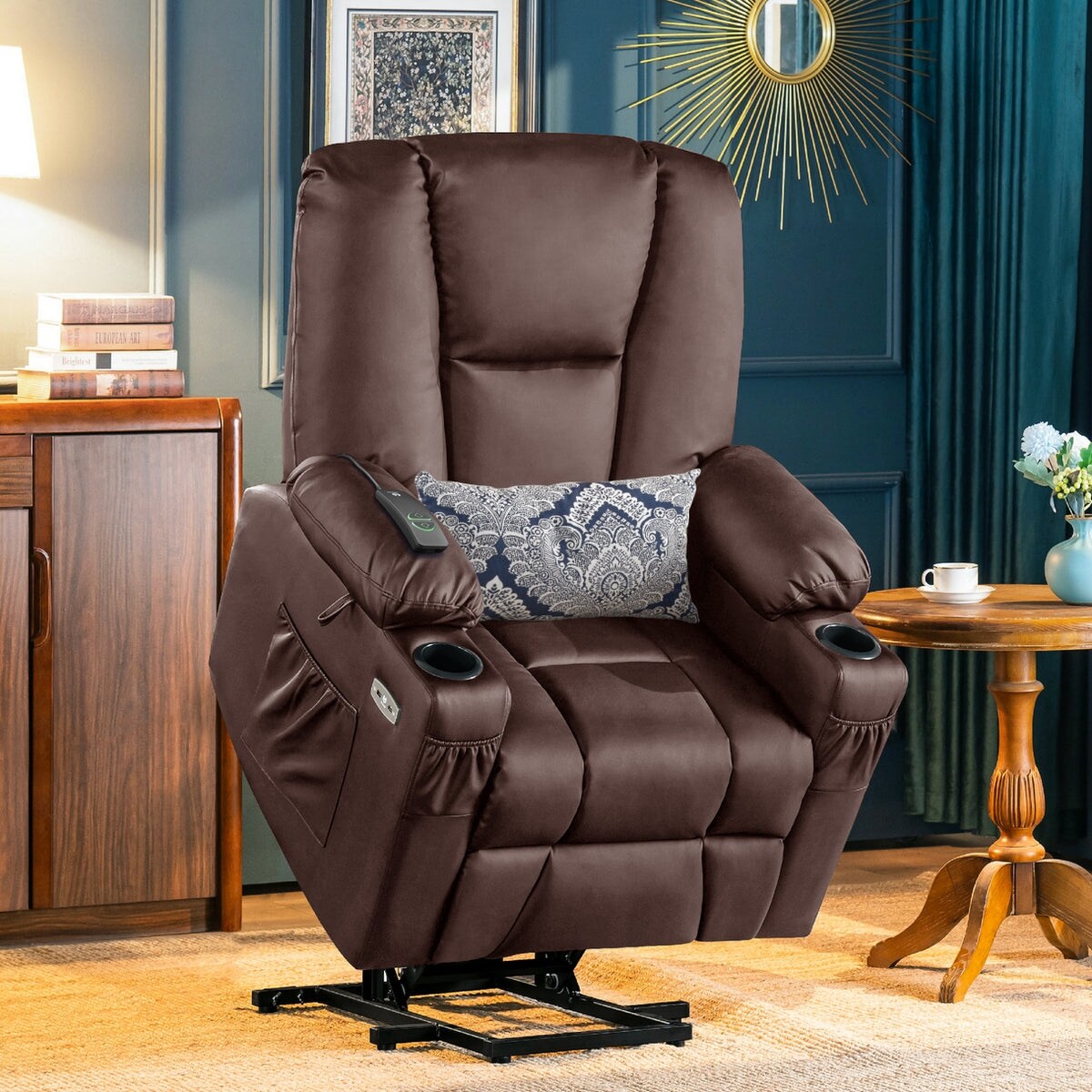 MCombo Electric Power Lift Recliner Chair with Extended Footrest, Cup Holders, Faux Leather 7507